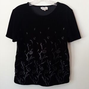Vintage 90s Black Velvet Rose Top Womens S Stretchy Witchy Goth Whimsigoth‎ Dark